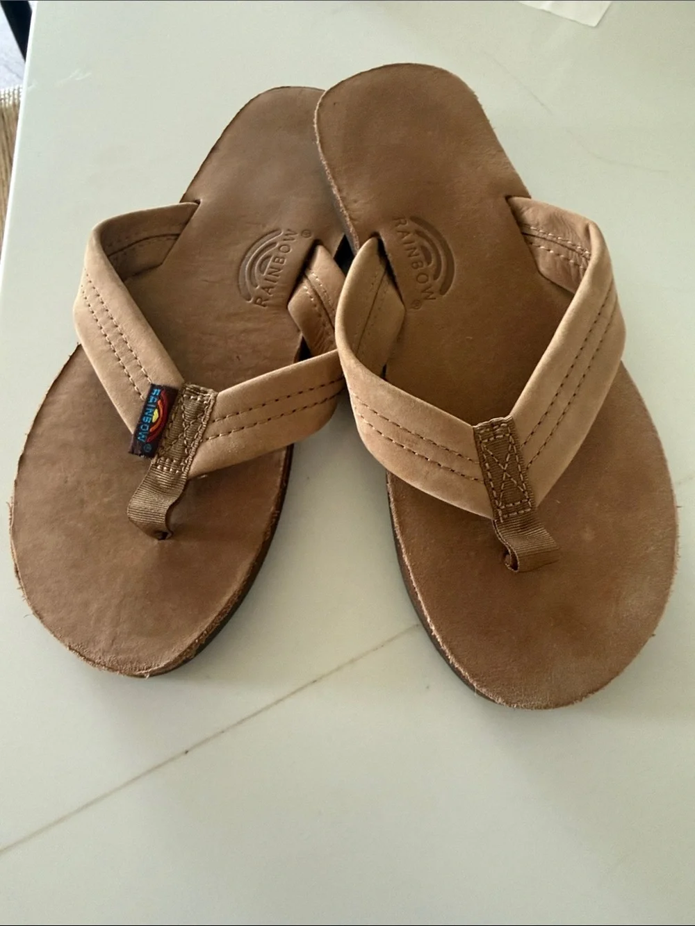 Rainbow kid’s Premier Leather Flip Flops in Tan